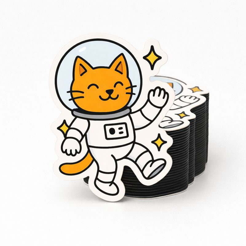 Stack of custom fridge magnets with astronaut cat design